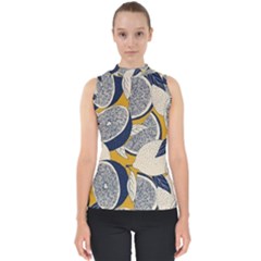 Blue And Ochre Mock Neck Shell Top by Vaneshart