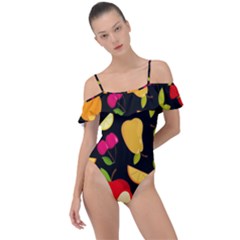 Vector Seamless Summer Fruits Pattern Black Background Frill Detail One Piece Swimsuit by Vaneshart