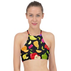 Vector Seamless Summer Fruits Pattern Black Background Racer Front Bikini Top by Vaneshart