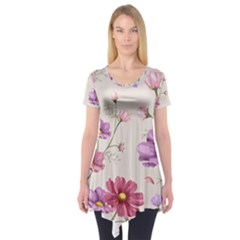 Vector Hand Drawn Cosmos Flower Pattern Short Sleeve Tunic  by Sobalvarro