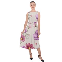Vector Hand Drawn Cosmos Flower Pattern Midi Tie-back Chiffon Dress by Sobalvarro