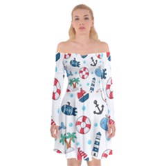 Seamless Pattern Nautical Icons Cartoon Style Off Shoulder Skater Dress by Vaneshart