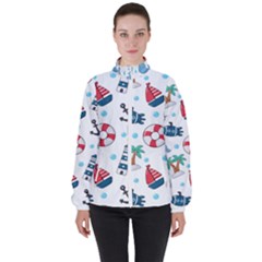 Seamless Pattern Nautical Icons Cartoon Style Women s High Neck Windbreaker by Vaneshart