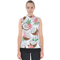 Seamless Pattern Coconut Piece Palm Leaves With Pink Hibiscus Mock Neck Shell Top by Vaneshart