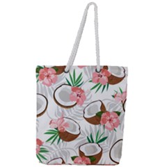 Seamless Pattern Coconut Piece Palm Leaves With Pink Hibiscus Full Print Rope Handle Tote (large) by Vaneshart