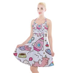 Set Kawaii Doodles Halter Party Swing Dress  by Vaneshart