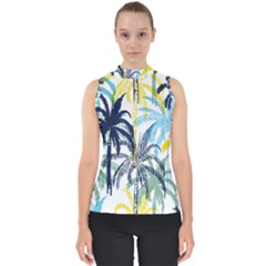 Colorful Summer Palm Trees White Forest Background Mock Neck Shell Top by Vaneshart