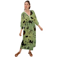 Funny Halloween Pattern With Witch, Cat And Pumpkin Grecian Style  Maxi Dress by FantasyWorld7