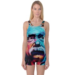 Albert Einstein Retro Wall Graffiti Blue Pink Orange Modern Urban Art Grunge One Piece Boyleg Swimsuit by genx