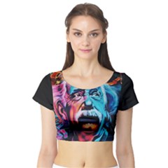 Albert Einstein Retro Wall Graffiti Blue Pink Orange Modern Urban Art Grunge Short Sleeve Crop Top by genx
