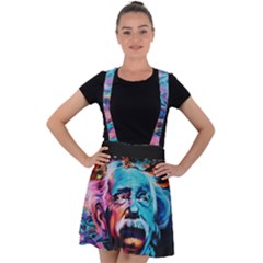 Albert Einstein Retro Wall Graffiti Blue Pink Orange Modern Urban Art Grunge Velvet Suspender Skater Skirt by genx