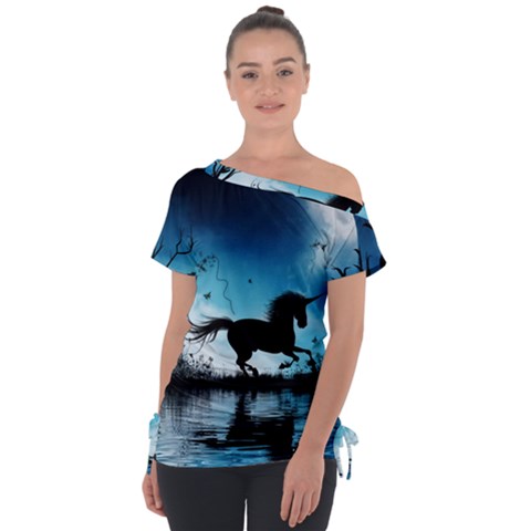 Wonderful Unicorn Silhouette In The Night Tie-up Tee by FantasyWorld7