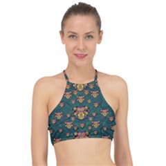Hearts And Sun Flowers In Decorative Happy Harmony Racer Front Bikini Top by pepitasart