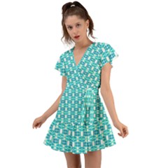 Teal White  Abstract Pattern Flutter Sleeve Wrap Dress by BrightVibesDesign