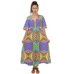 Colorful Circle Abstract White Brown Blue Yellow Kimono Sleeve Boho Dress by BrightVibesDesign