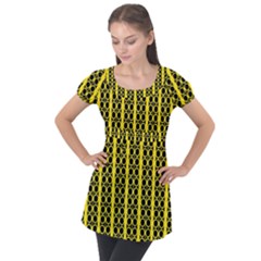 Circles Lines Black Yellow Puff Sleeve Tunic Top by BrightVibesDesign