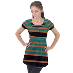 Black Stripes Orange Brown Teal Puff Sleeve Tunic Top by BrightVibesDesign