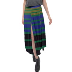 Black Stripes Green Olive Blue Velour Split Maxi Skirt by BrightVibesDesign