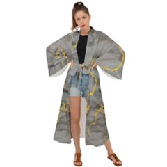 Marble Neon Retro Light Gray With Gold Yellow Veins Texture Floor Background Retro Neon 80s Style Neon Colors Print Luxuous Real Marble Maxi Kimono by genx
