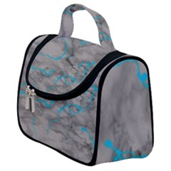 Marble Light Gray With Bright Cyan Blue Veins Texture Floor Background Retro Neon 80s Style Neon Colors Print Luxuous Real Marble Satchel Handbag by genx