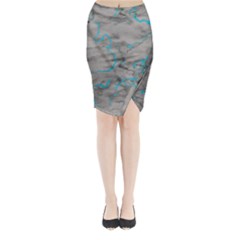 Marble Light Gray With Bright Cyan Blue Veins Texture Floor Background Retro Neon 80s Style Neon Colors Print Luxuous Real Marble Midi Wrap Pencil Skirt by genx