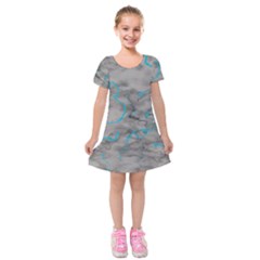 Marble Light Gray With Bright Cyan Blue Veins Texture Floor Background Retro Neon 80s Style Neon Colors Print Luxuous Real Marble Kids  Short Sleeve Velvet Dress by genx