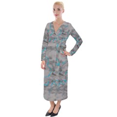 Marble Light Gray With Bright Cyan Blue Veins Texture Floor Background Retro Neon 80s Style Neon Colors Print Luxuous Real Marble Velvet Maxi Wrap Dress by genx