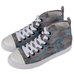 Marble Light Gray With Bright Cyan Blue Veins Texture Floor Background Retro Neon 80s Style Neon Colors Print Luxuous Real Marble Women s Mid-top Canvas Sneakers by genx
