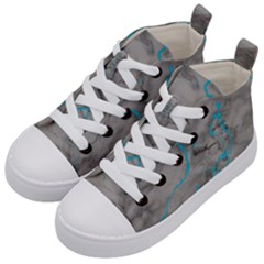 Marble Light Gray With Bright Cyan Blue Veins Texture Floor Background Retro Neon 80s Style Neon Colors Print Luxuous Real Marble Kids  Mid-top Canvas Sneakers by genx