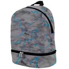 Marble Light Gray With Bright Cyan Blue Veins Texture Floor Background Retro Neon 80s Style Neon Colors Print Luxuous Real Marble Zip Bottom Backpack by genx