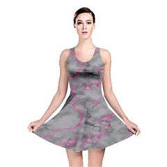 Marble Light Gray With Bright Magenta Pink Veins Texture Floor Background Retro Neon 80s Style Neon Colors Print Luxuous Real Marble Reversible Skater Dress by genx