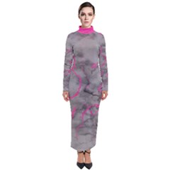Marble Light Gray With Bright Magenta Pink Veins Texture Floor Background Retro Neon 80s Style Neon Colors Print Luxuous Real Marble Turtleneck Maxi Dress by genx