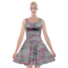 Marble Light Gray With Bright Magenta Pink Veins Texture Floor Background Retro Neon 80s Style Neon Colors Print Luxuous Real Marble Velvet Skater Dress by genx