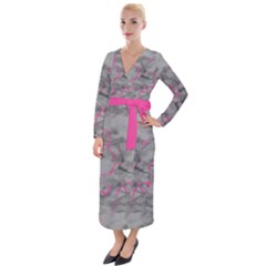 Marble Light Gray With Bright Magenta Pink Veins Texture Floor Background Retro Neon 80s Style Neon Colors Print Luxuous Real Marble Velvet Maxi Wrap Dress by genx