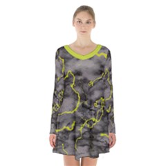 Marble Light Gray With Green Lime Veins Texture Floor Background Retro Neon 80s Style Neon Colors Print Luxuous Real Marble Long Sleeve Velvet V-neck Dress by genx