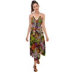 Halloween Doodle Vector Seamless Pattern Halter Tie Back Dress  by Sobalvarro