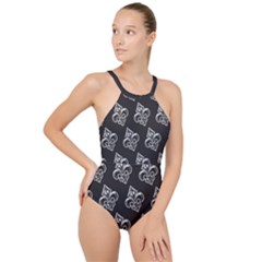 French France Fleur De Lys Metal Pattern Black And White Antique Vintage Black Rocker High Neck One Piece Swimsuit by Quebec