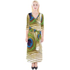 Peacock Feather Plumage Colorful Quarter Sleeve Wrap Maxi Dress by Sapixe
