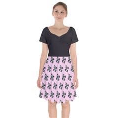 French France Fleur De Lys Metal Pattern Black And White Antique Vintage Pink And Black Rocker Short Sleeve Bardot Dress by Quebec