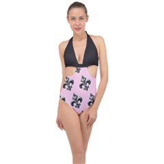 French France Fleur De Lys Metal Pattern Black And White Antique Vintage Pink And Black Rocker Halter Front Plunge Swimsuit by Quebec