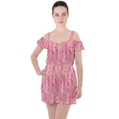 Pink Leaf Pattern Ruffle Cut Out Chiffon Playsuit by designsbymallika