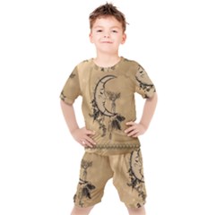 Deer On A Mooon Kids  Tee And Shorts Set by FantasyWorld7