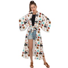 Retro Girls Dress In Black Pattern White Maxi Kimono by snowwhitegirl