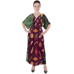 Christmas Pattern Collection Flat Design V-neck Boho Style Maxi Dress by Vaneshart
