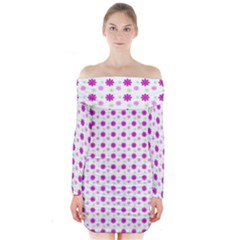 Background Flowers Multicolor Purple Long Sleeve Off Shoulder Dress by HermanTelo