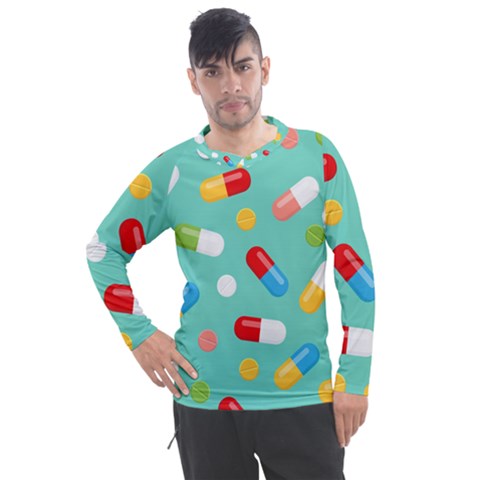 Pills Medicines Seamless Pattern Blue Background Men s Pique Long Sleeve Tee by Wegoenart