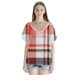 Plaid Mosaic Pixel Seamless Pattern V-neck Flutter Sleeve Top by Wegoenart