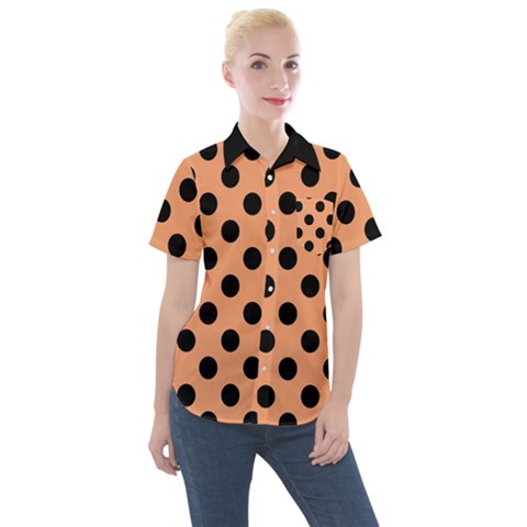 Polka Dots - Black On Cantaloupe Orange Women s Short Sleeve Pocket Shirt by FashionBoulevard