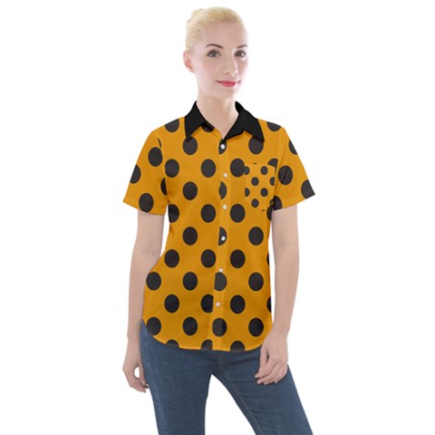 Polka Dots Black On Honey Orange Women s Short Sleeve Pocket Shirt by FashionBoulevard