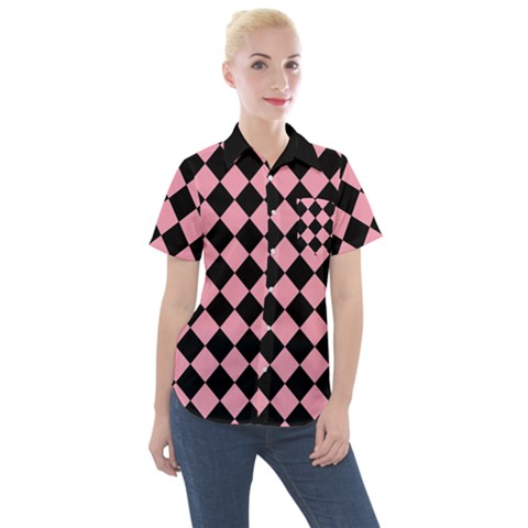 Block Fiesta Black And Flamingo Pink Women s Short Sleeve Pocket Shirt by FashionBoulevard